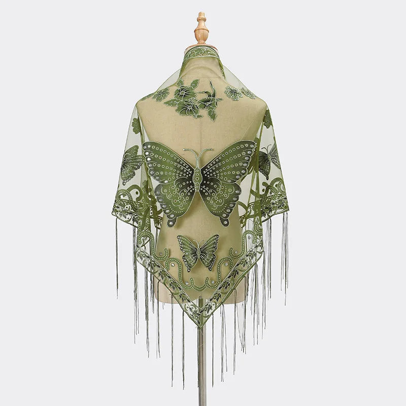 New Women Lace Tassel Triangular Scarf Solid Hollow-out Butterfly Embroidery Scarves Soft Lady Shawl Foulard Party Wrap Shawls