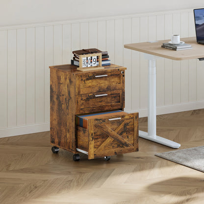 3 Drawer Rolling File Cabinet with Lock & Casters, Wooden Mobile Storage Organizer Printer Stand, Fits A4/Letter for Home Office