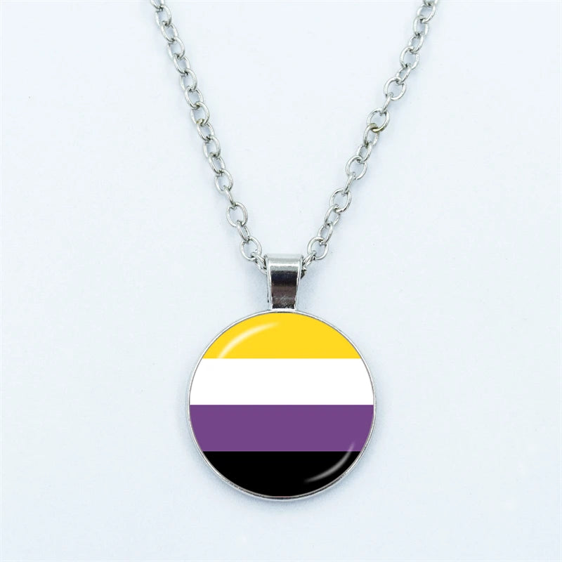Rainbow Necklace LGBT Lesbian Gay Pride Rainbow Friendly Print Art Pattern Glass Cabochon Pendant Couple Chain Necklace Gift