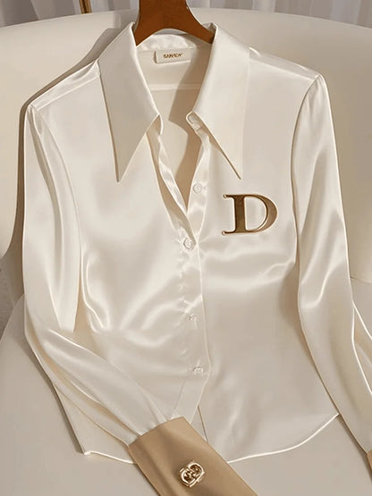 Elegant French Women's White Satin Shirt Turn-down Collar Long Sleeve Blouse Autumn/Winter for Women Casual Simple Office Lady