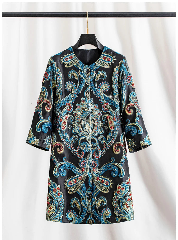 Elegant Embroidered Jacquard Trench Coat for Women 2025 | Round Neck Mid-Length Jacket | European Style Spring Fall Outerwear