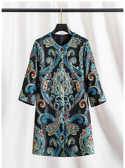 Elegant Embroidered Jacquard Trench Coat for Women 2025 | Round Neck Mid-Length Jacket | European Style Spring Fall Outerwear