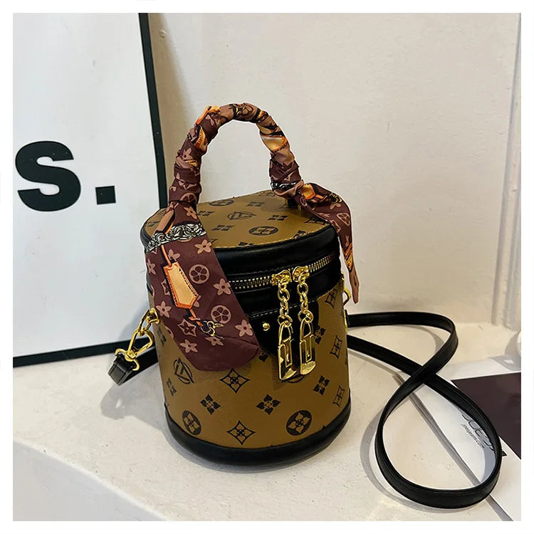 Stylish Printed Bucket Bag with Scarf Detachable Strap Shoulder Crossbody Bag for Women
