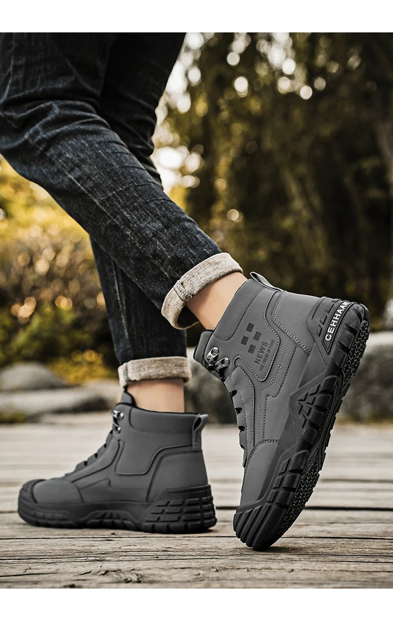 Original Black Leather Ankle Boots For Men Outdoor Non-slip Work Boots Men's Motorcycle Boots Platform High Top Bikers Shoes Man
