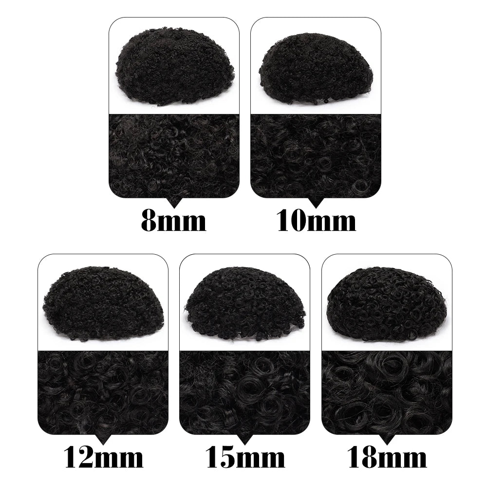 Curly PU Male Hair Prosthesis 0.12mm Injection Skin Toupee Men Durable Wigs For Men Human Hair System Unit Capillary Prosthesis