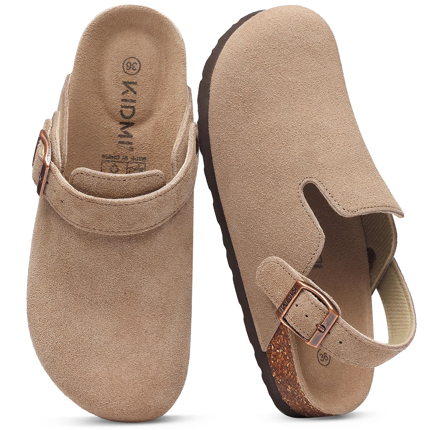 Kidmi New Cow Suede Women's Potato Shoes With Adjustable Strap Cork Insole Mules Outdoor Unisex Clogs Slippers With Arch Support