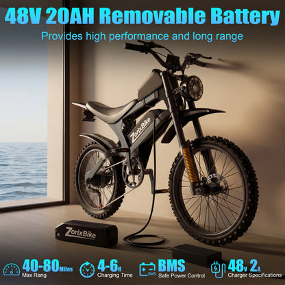 ZorixBike R8Max Adult Ebike 3000W Motor 35 MPH 48V 20Ah Lithium-Ion Battery 40-80 Mile Range Front 19"/ Rear 17"  Off-Road Tires