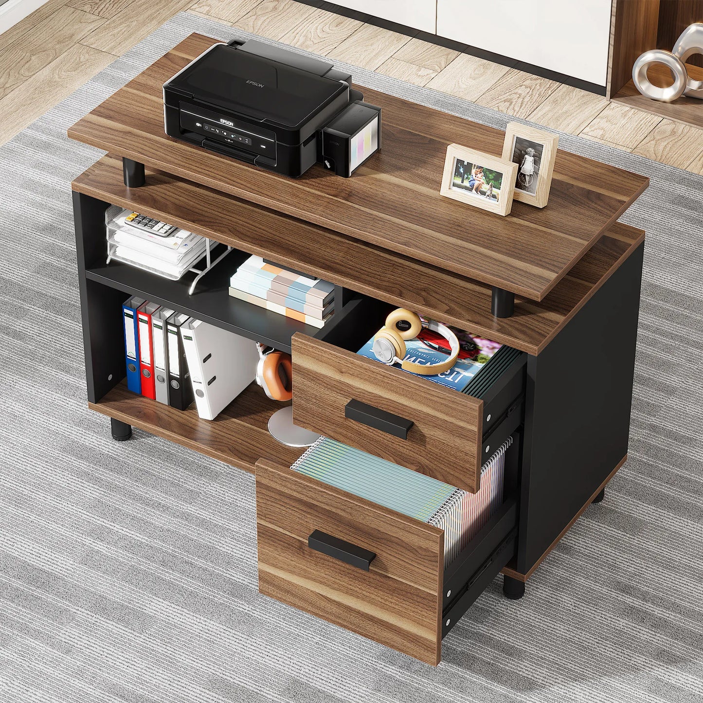 Tribesigns 63 Inch Executive Desk with File Cabinet, Large Office Desk L Shaped Computer Desk with Drawers and Storage Shelves