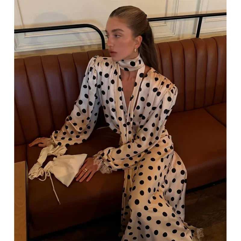 Black Polka Dot V Neck Shirt Skirt 2 Piece Set Elegant Women Long Sleeve Blouses With Scarf Suit 2026 Lady Commucate Outwear