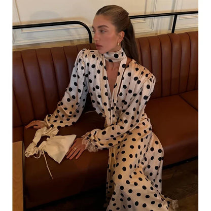 Black Polka Dot V Neck Shirt Skirt 2 Piece Set Elegant Women Long Sleeve Blouses With Scarf Suit 2026 Lady Commucate Outwear