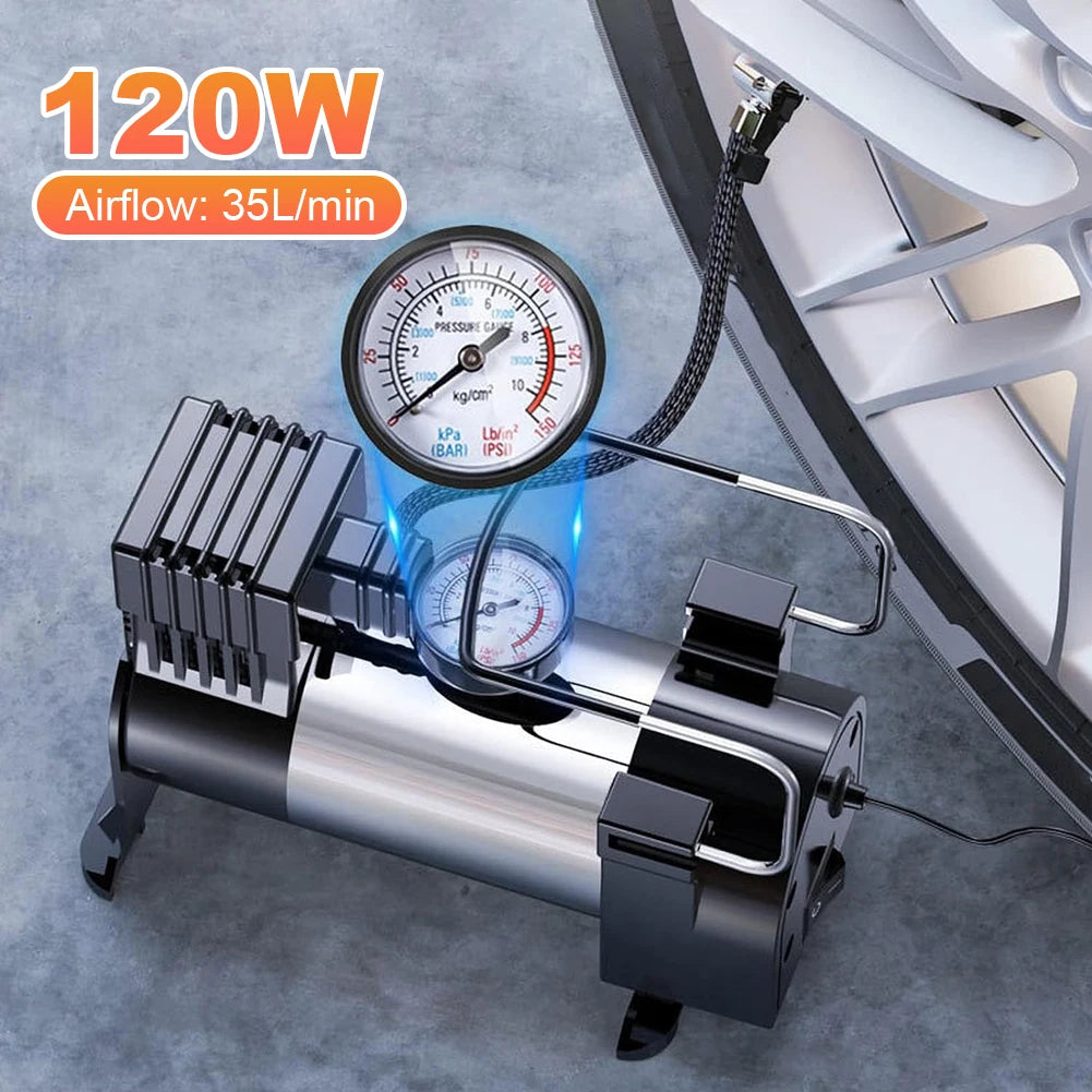 12V Car Tire Pump with Pressure Gauge Heavy Duty Tire Inflator Heavy Duty Deluxe Portable Metal Air Compressor Car Tyre Inflator