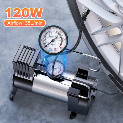 12V Car Tire Pump with Pressure Gauge Heavy Duty Tire Inflator Heavy Duty Deluxe Portable Metal Air Compressor Car Tyre Inflator