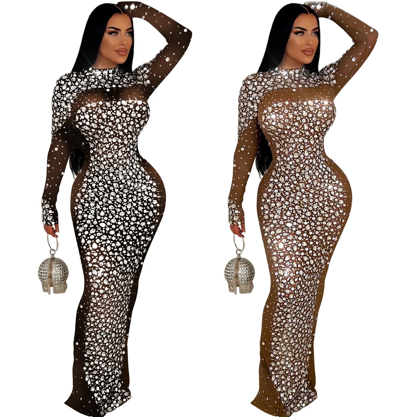 Party Dress Women Floor Length Dresses Vestidos Hot Drilling Evening Bodycon Square Collar Prom High Waist Evening Night 2025
