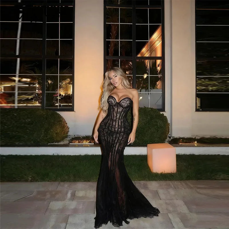 Customized Prom Dress Modern Lace Mermaid Black Sweetheart Sleeveless Floor Length Evening Dresses فساتين سهرة