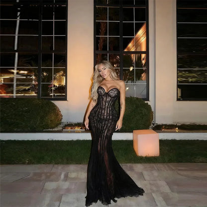 Customized Prom Dress Modern Lace Mermaid Black Sweetheart Sleeveless Floor Length Evening Dresses فساتين سهرة