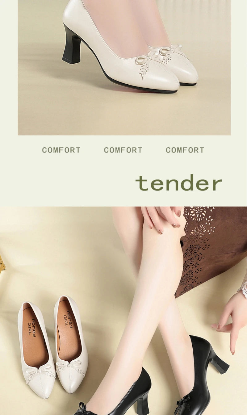 Womens Elegant Bow Decor Block Heel Pumps Smooth Faux Leather Upper Pointed Toe Design Comfort Cushioned Insole NonSlip Outsole