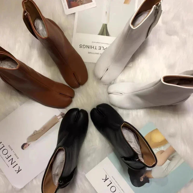 Luxury Brand Designer Tabi Split-toe Ankle Boots Women Genuine Leather Chunky Round Heel Short Boots 2024 Autumn Winter Shoes
