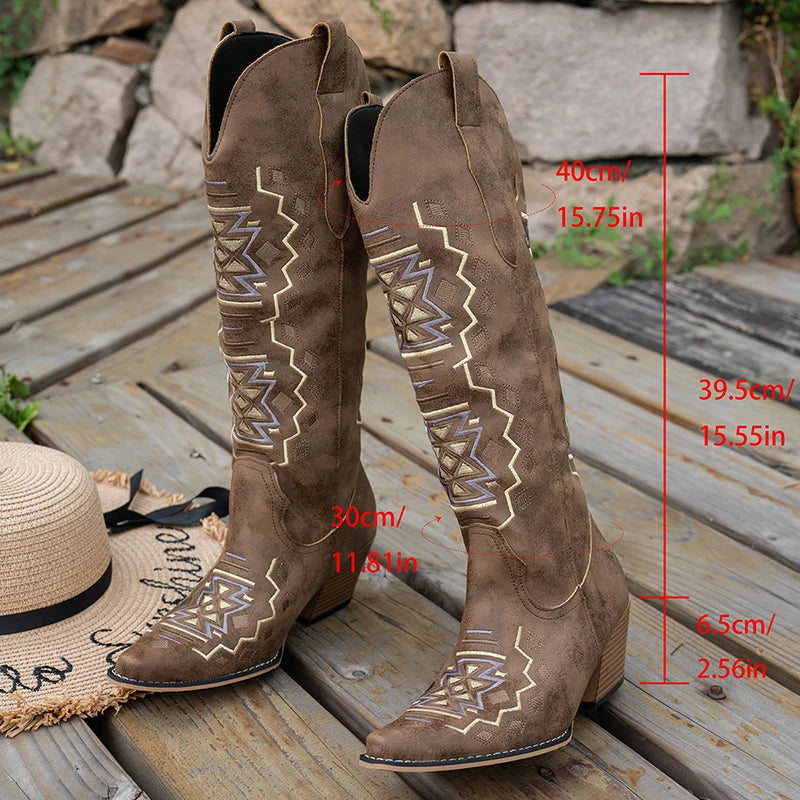 Vintage Embroidered Brown Pu Leather Cowboy Boots Women 2026 Autumn Pointed Toe High Heel Western Woman Knee High Long Booties