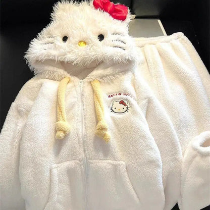 Cute Hello Kittys Hooded Pajamas for Women Winter Coral Fleece Thickened Warm Girls Sleepwear Students Casual Home Clothes Set
