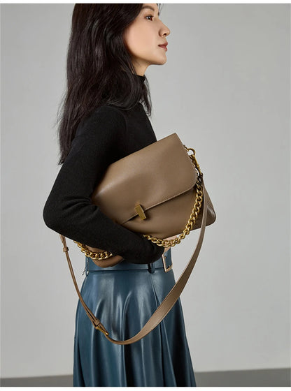 Toptrends Genuine Leather Large Chain Shoulder For Women 2026 Luxury Designer Office Messenger Bags Satchel Cow Ladies Handbags