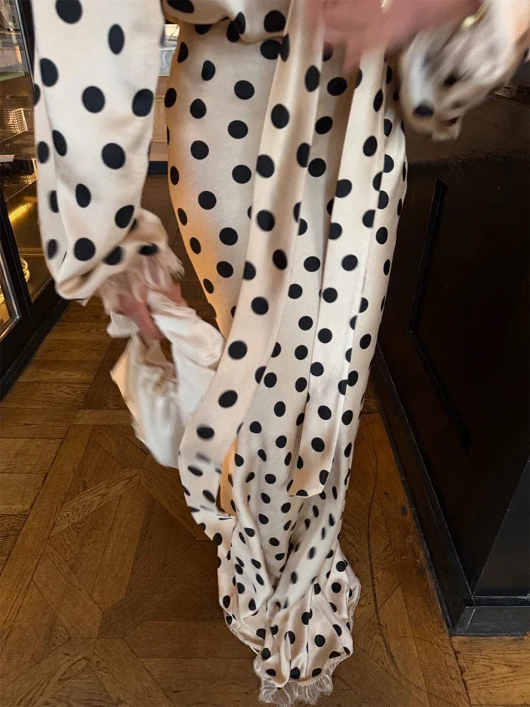 Black Polka Dot V Neck Shirt Skirt 2 Piece Set Elegant Women Long Sleeve Blouses With Scarf Suit 2026 Lady Commucate Outwear