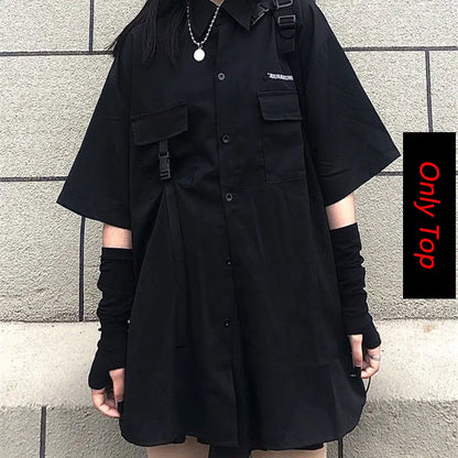 Gothic Skirt Set Loose Shirt Pleated Mini Skirts 2 Piece Sets Korean Retro Casual Outfits Women Spring Summer Aesthetic Y2k Suit