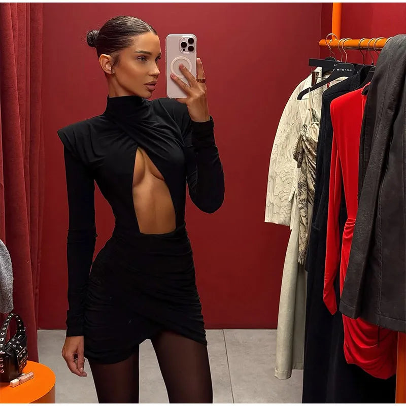 Sexy Hollow-out Pleated Mini Dress Women Fashion Solid Half High Collar Long Sleeve Slim Dresses 2025 Lady Party Club Robes