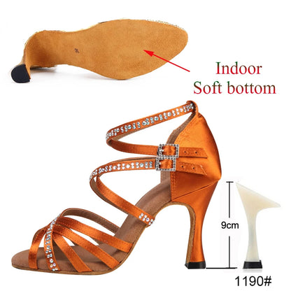New Latin Dance Shoes Salsa Tango Ballroom Party Women's Shoes High Heeled Rhinestones Bronze Blue Girls Summer Sandals Outdoor