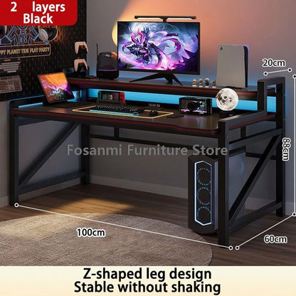 Wide Desktop Office Desk with Storage Shelf Modern Steel Frame Table for Bedroom Study Durable Computer Desks for Gaming Writing