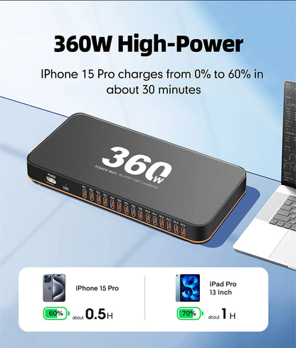 360W USB Charger 15 in 1 Desktop PD 24W Fast Charge USB Type C Charger LED Display Charger For iPhone Xiaomi Smartphone Laptop