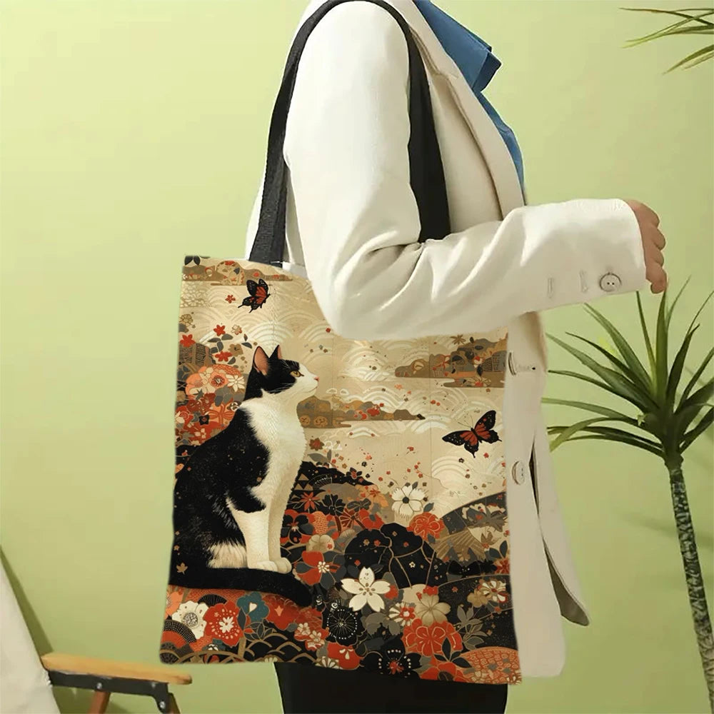Classic Black And White Cat Tote Bag With Cat Print, Reusable Shoulder Shopping Beach Bag For Women, Durable Casual Carryall