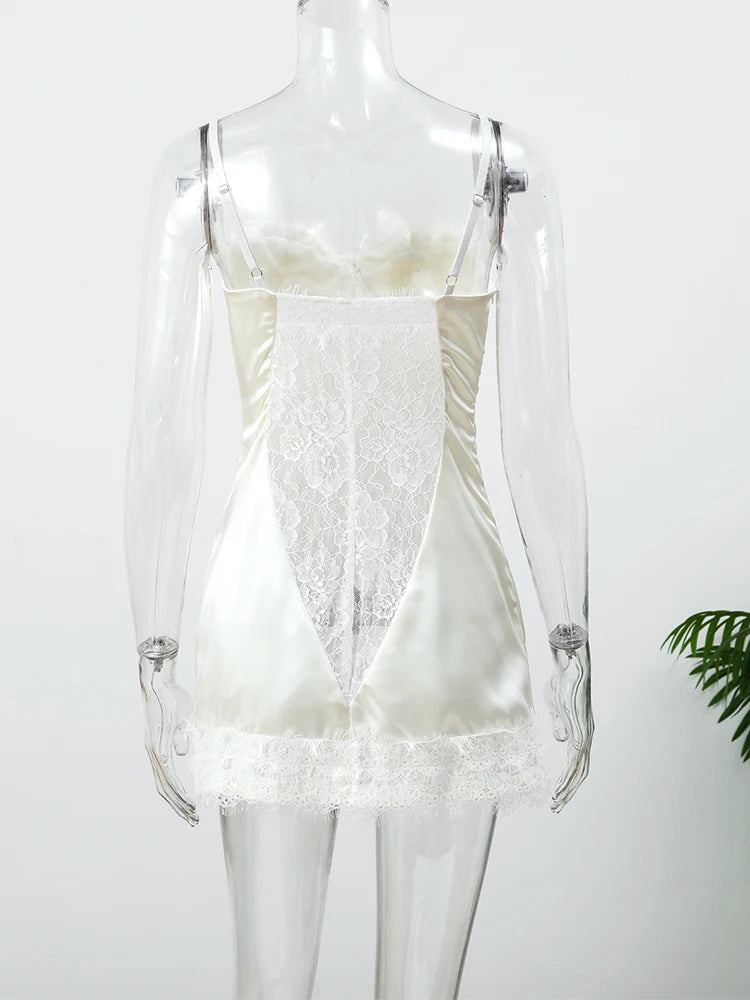 Women White Lace Trim Corset Mini Dress Sexy Sweetheart Neck Spaghetti Strap Slit Hem 2026 Summer Leisure Nightclub Party Wear