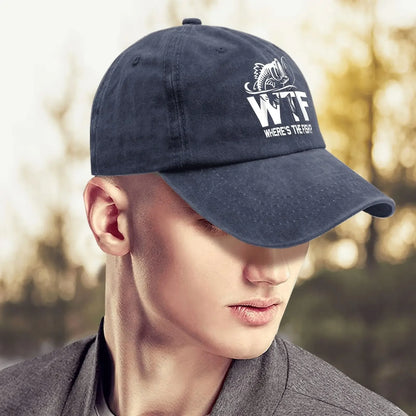 WTF Where's The Fish Hats for Man Fishing Here Fishy Fishy Hats for Men Baseball Funny Trucker Men Black Gym Caps Navy Blue