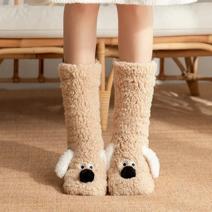 Fuzzy Fluffy Sock Women Cartoon 3D Dog Winter Warm Plush Non slip Home Sleeping Soft Female Floor Thermal Funny Slipper Sock