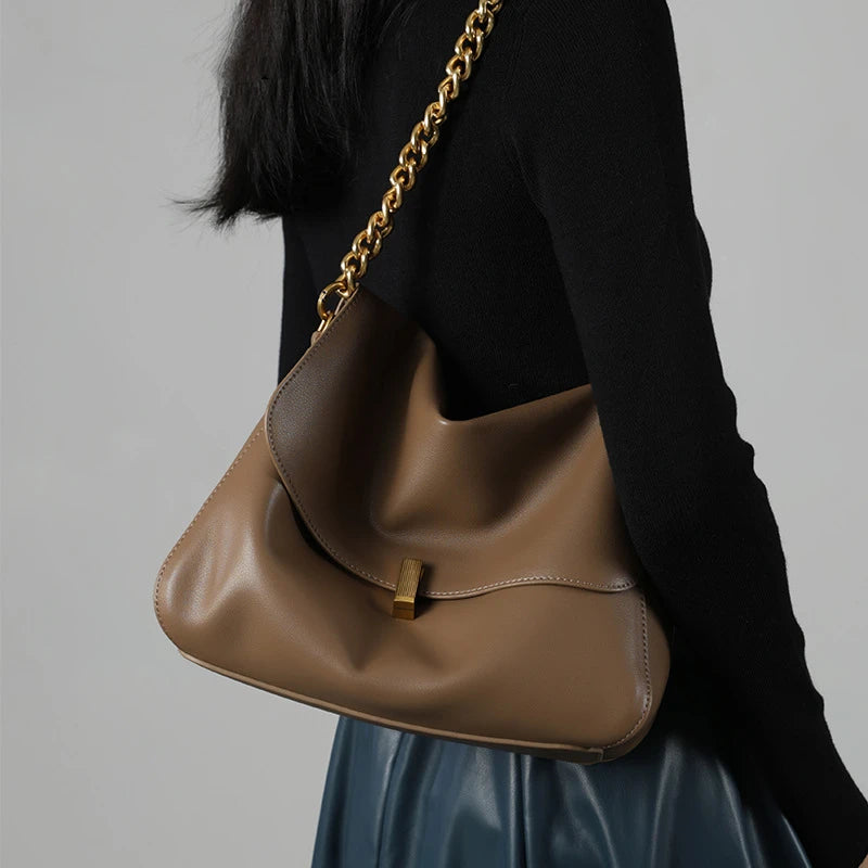 Toptrends Genuine Leather Large Chain Shoulder For Women 2026 Luxury Designer Office Messenger Bags Satchel Cow Ladies Handbags