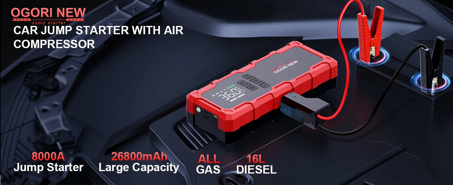 Jump Starter with Air Compressor 150PSI, 7000/8000A Portable Car Battery Booster (All Gas/16L Diesel)