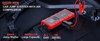 Jump Starter with Air Compressor 150PSI, 7000/8000A Portable Car Battery Booster (All Gas/16L Diesel)
