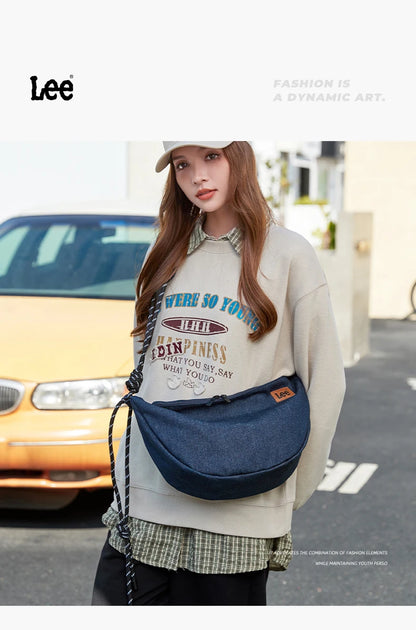 LEE 2025 Teenagers Waterproof Denim Crossbody Shoulder Bag Women Men Stylish Jeans Hobo Dumpling Crescent Bag Student Ipad Pack