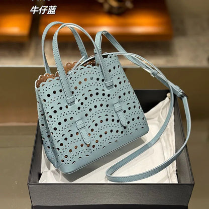 New Tote Bag French Cowhide Handmade Bag Niche Laser Engraved Hollow Leather Vegetable Basket Bag Casual Versatile Temperament