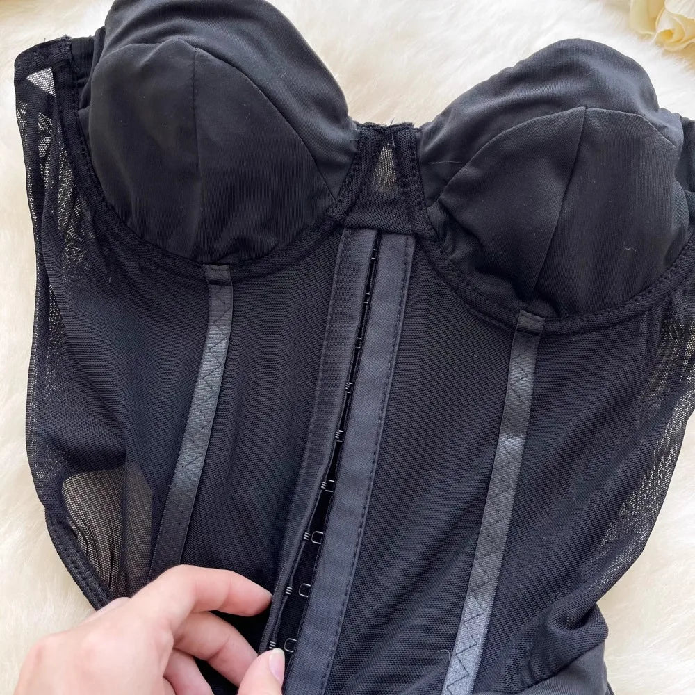 Foamlina  American Sexy Hollowed-out Waist Tube Top Dress for Women's Pleated Waist Hip-wrapped Streamer Girl's Short Dress