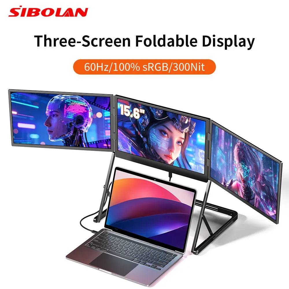 Sibolan 15.6 inch Three Screen Portable Monitor 60Hz 1080P 100% sRGB Metal Body HDMI USB-C Plug External Display For Win mac OS