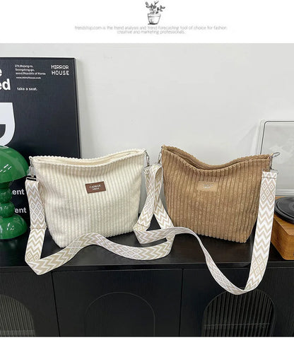 Solid Color Corduroy Messenger Bag Versatile Handbag Women Shoulder Crossbody Bags Casual Chic Bucket Women‘s Bag Bolsos Mujer