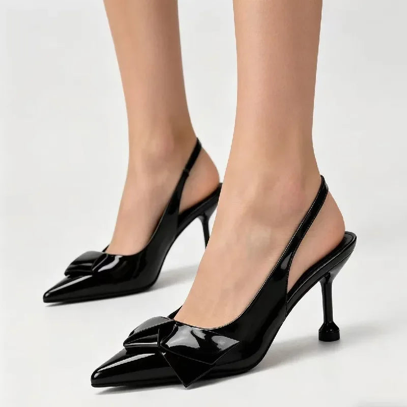 Red Patent Leather Slingback Heels Women Sweet Bow Decoration Pointed-toe High-heeled Sandals Luxury Party Brand Designer Shoes