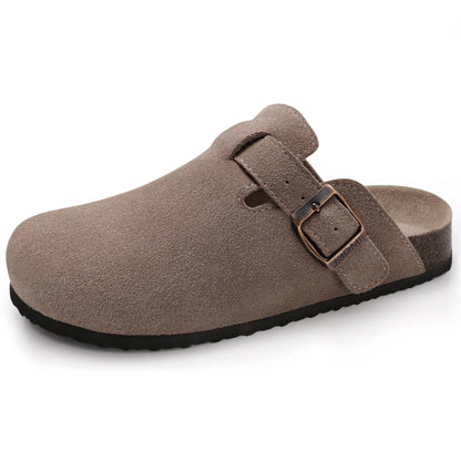 Crestar Women's Suede Clogs Lady Fashion Buckle Leather Mules Comfort Cork Footbed Potato Shoes with Arch Support Beach Sandal