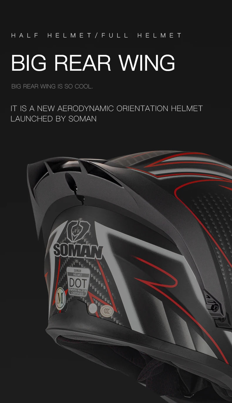 SOMAN Full Face Helmet Dual Lens Flip Up Motorcycle Helmets Casco Accessories Men Women Casque Moto Racing DOT Approved Visor
