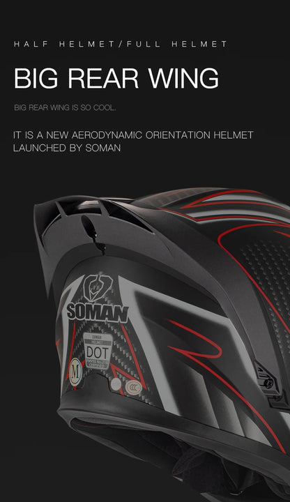 SOMAN Full Face Helmet Dual Lens Flip Up Motorcycle Helmets Casco Accessories Men Women Casque Moto Racing DOT Approved Visor