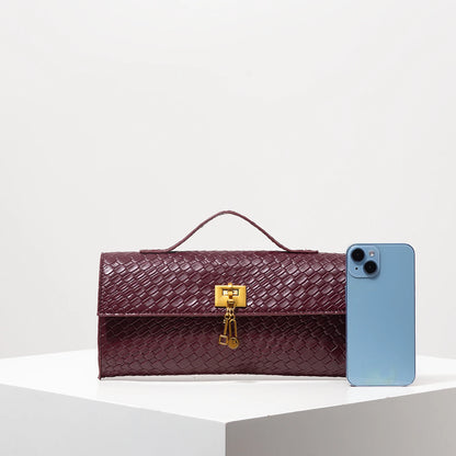 Vintage Faux Leather Woven Baguette Bag, Flap Women's Clutch, Elegant Evening Bag, Burgundy Wallet, Women's Dress Party, Wedding Accessory (Random Pattern)