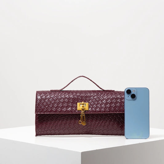 Vintage Faux Leather Woven Baguette Bag, Flap Women's Clutch, Elegant Evening Bag, Burgundy Wallet, Women's Dress Party, Wedding Accessory (Random Pattern)