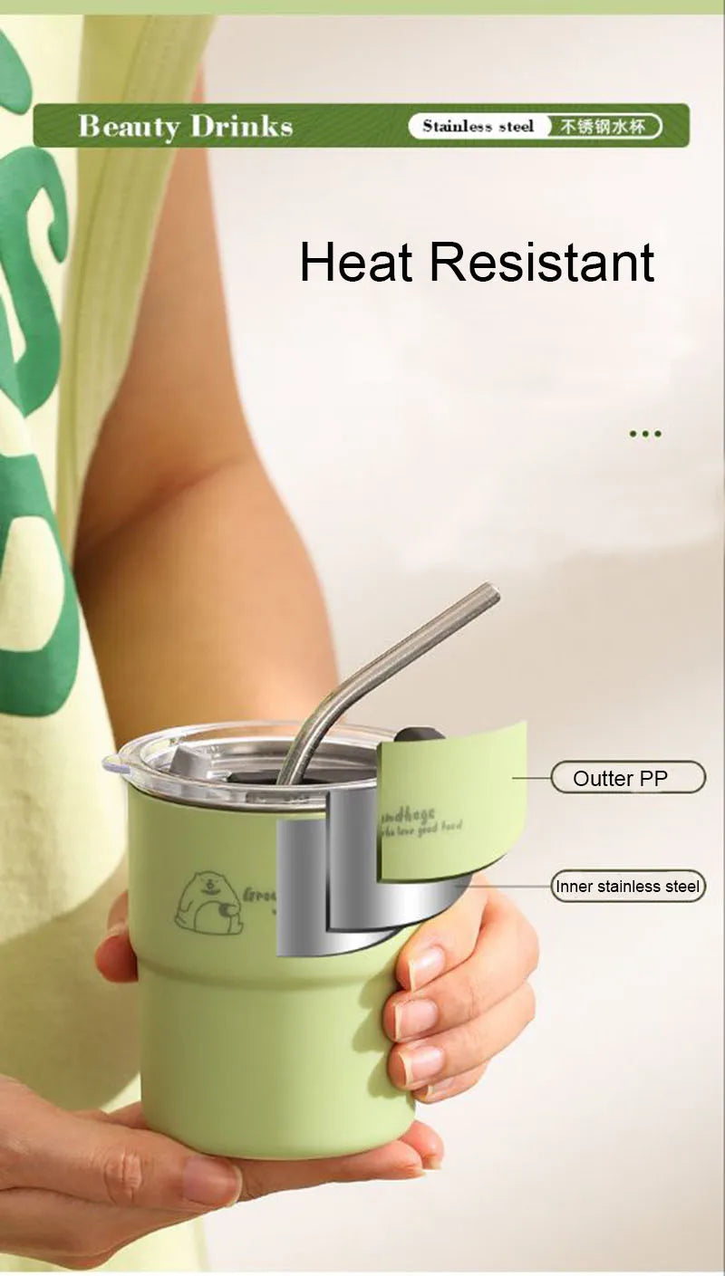 300ml Drinking Cup With Straw Portable Stainless Steel Coffee Cups Mug With Lid Heat Resistant Tea Cup Tumbler Travel Mug