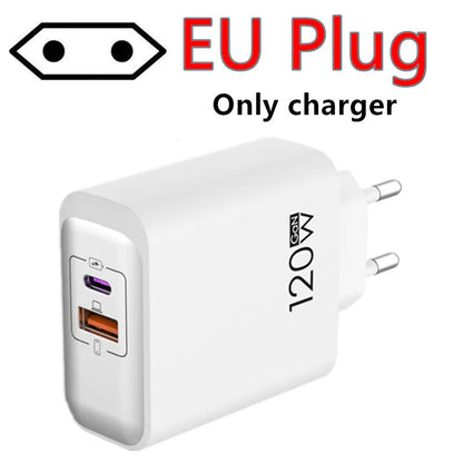 120W PD Fast Charger Type C Quick Charge USB C Wall Charger Adapter For iPhone 17 16 15 Samsung Xiaomi OPPO 2-in-1 Data Cable﻿﻿